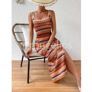 Knit Striped Tank Dress Side Leg Slit Long Ribbed Multicolor Long, Slim
